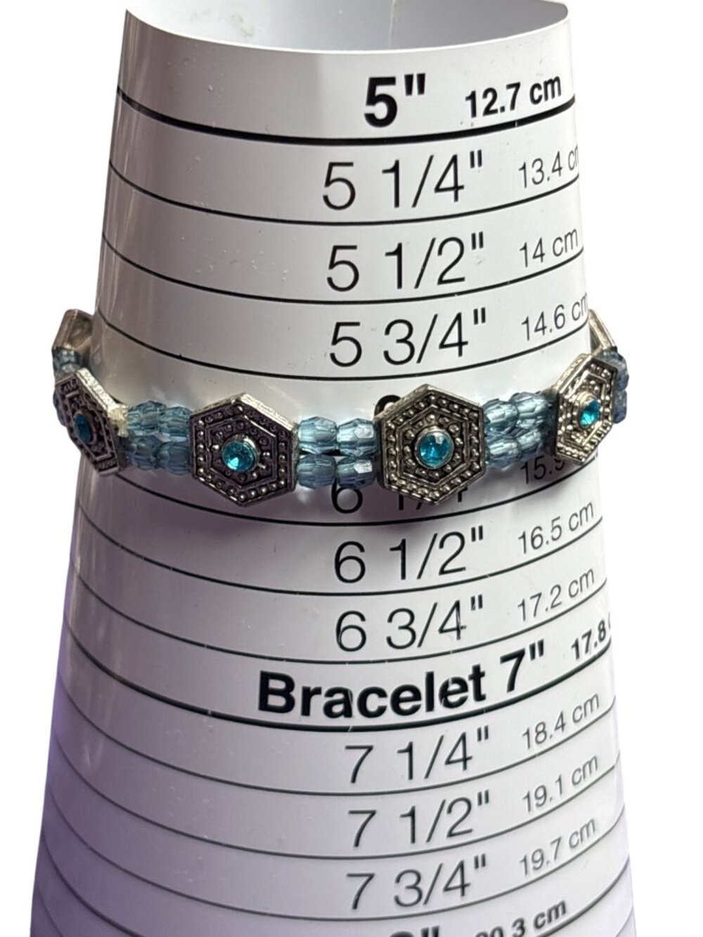 Silvertone Hexagon Blue Plastic Beaded Stretchy Bracelet Rhinestones 6 inches